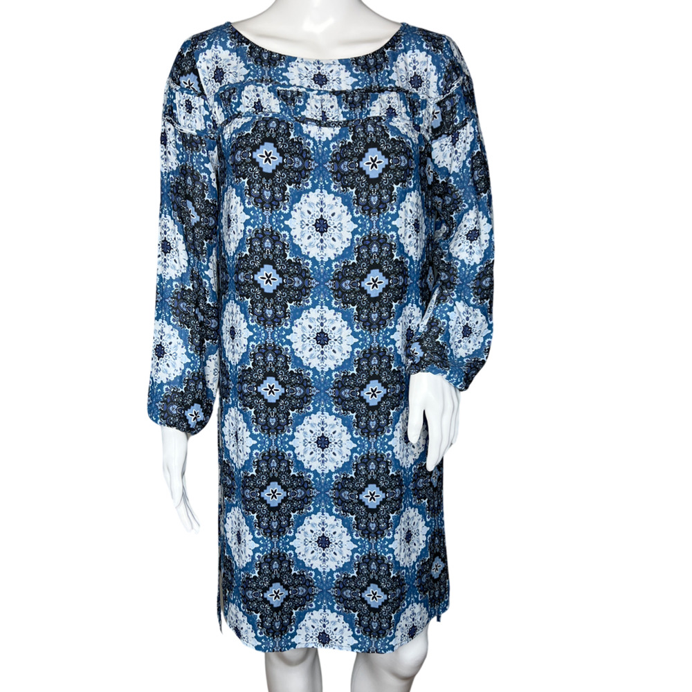 Loft Dress Womens Small Blue Medallion Print Office Boho Bohemain Peasant Preppy